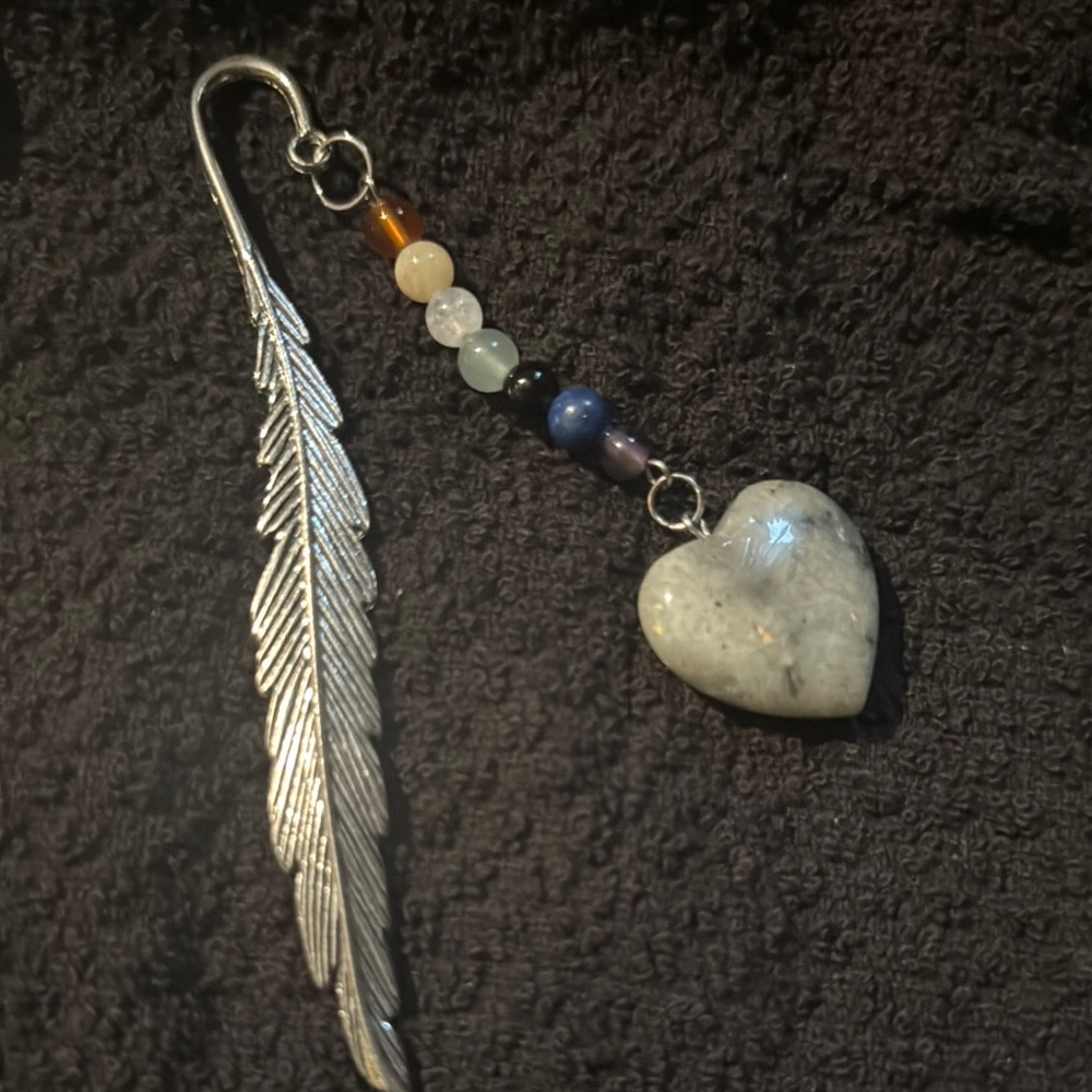 Silver Feather Bookmark with Laborite Stone Heart Charm